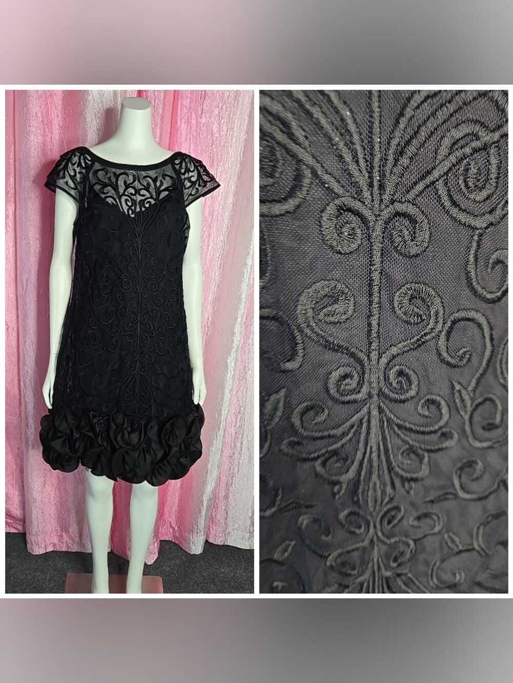 Guess Black Lace Overlay Embroidered Ruffle Hem Cocktail Dress Size 8